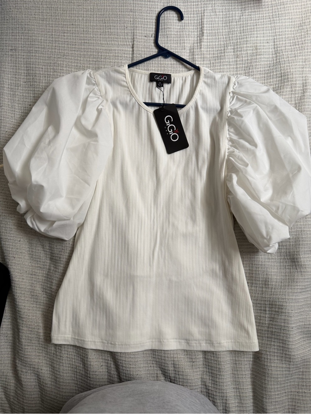 White Puff Sleeve Ribbed Top
